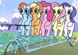 Size: 1968x1396 | Tagged: safe, artist:tamers12345, applejack, fluttershy, pinkie pie, rainbow dash, rarity, earth pony, pegasus, pony, unicorn, g4, bicycle, horn, iconic, outdoors, questionable source, sitting, tandem bicycle