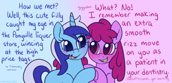 Size: 2189x1056 | Tagged: safe, artist:leopardsnaps, berry punch, berryshine, minuette, earth pony, pony, unicorn, g4, dialogue, duo, duo female, female, gradient background, holding hooves, horn, lesbian, looking at each other, looking at someone, mare, misspelling, ship:berrygate, shipping, talking