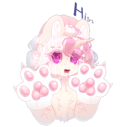 Size: 2500x2500 | Tagged: safe, artist:medkit, oc, oc only, oc:sofia delamare, cat, pony, unicorn, beret, cel shading, chest fluff, claws, clothes, colored ear fluff, colored ears, colored eyebrows, colored eyelashes, colored horn, colored lineart, colored pupils, colored sketch, curls, curly mane, ear cleavage, ear fluff, ears up, english, eye clipping through hair, eyebrows, eyebrows down, eyebrows visible through hair, female, freckles, fringe, gloves, gradient mane, halfbody, hat, heart ears, high res, hissing, hoof fluff, horn, lightly watermarked, long horn, looking at you, mare, open mouth, paint tool sai 2, paws, pink eyes, shading, short mane, signature, simple background, sketch, solo, speedpaint, speedpaint available, sternocleidomastoid, text, three quarter view, transparent background, unicorn horn, unicorn oc, wall of tags, watermark, wide eyes