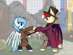 Size: 4000x3000 | Tagged: safe, artist:aaathebap, oc, oc:aaaaaaaaaaa, oc:coral streak, bat pony, pegasus, bipedal, duo, female, hat, mare, outdoors, roald dahl, spread wings, top hat, willy wonka, willy wonka and the chocolate factory, wings