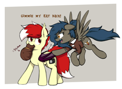 Size: 3750x2750 | Tagged: safe, artist:aaathebap, oc, oc:aaaaaaaaaaa, oc:quick service, bat pony, pegasus, pony, angry, duo, ears back, female, flying, hat, mare, passepartout, spread wings, stealing, wings