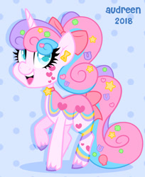 Size: 828x1013 | Tagged: safe, artist:audreen, oc, oc only, pony, unicorn, blue background, horn, patterned background, solo