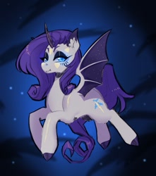 Size: 885x1000 | Tagged: safe, artist:yutailaarts, rarity, bat pony, pony, unicorn, g4, bat ponified, colored eartips, colored hooves, colored horn, concave belly, female, flying, hooves, horn, lidded eyes, mare, outdoors, ponytober, ponytober 2024, race swap, raribat, smiling, solo, spread wings, wings