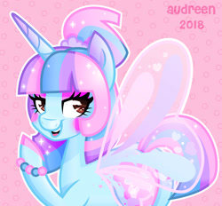 Size: 928x861 | Tagged: safe, artist:audreen, oc, oc only, pony, unicorn, horn, patterned background, pink background, solo