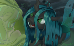 Size: 4000x2500 | Tagged: safe, artist:stalagsmith17, queen chrysalis, starlight glimmer, changeling, changeling queen, pony, unicorn, g4, captured, changeling hive, dialogue, duo, eye clipping through hair, female, horn, mare, signature