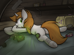 Size: 1333x1000 | Tagged: safe, artist:aaathebap, oc, oc only, oc:littlepip, pony, unicorn, fallout equestria, bag, bandage, bed, butt, cute, fallout, female, freckles, horn, indoors, looking at you, looking back, looking back at you, lying down, mare, medical saddlebag, on bed, pillow, pipbuck, pipbutt, plot, potion, prone, smiling, smiling at you, sploot