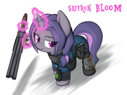 Size: 1320x990 | Tagged: safe, artist:aaathebap, oc, oc:saffron bloom, pony, unicorn, fallout equestria, armor, clothes, fallout, gun, holster, horn, jumpsuit, levitation, looking sideways, magic, pipbuck, shotgun, solo, telekinesis, vault suit, weapon