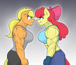 Size: 2205x1880 | Tagged: safe, artist:matchstickman, apple bloom, applejack, earth pony, anthro, matchstickman's apple brawn series, g4, apple brawn, apple sisters, applejacked, clothes, denim, duo, female, gloves, gradient background, gritted teeth, jeans, muscles, muscular female, older, older apple bloom, pants, siblings, sisters, smiling, smirk, sports bra, staredown, tank top, teeth