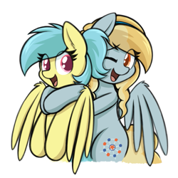 Size: 809x809 | Tagged: safe, artist:aaathebap, oc, oc only, oc:fair flyer, oc:matinee, pegasus, mare fair, duo, duo female, female, happy, hug, hug from behind, mare, simple background, white background