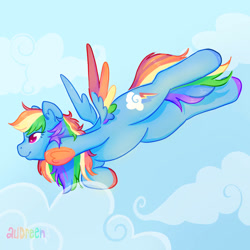 Size: 894x894 | Tagged: safe, artist:audreen, rainbow dash, pegasus, pony, g4, cloud, flying, outdoors, sky background, solo