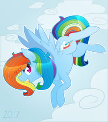 Size: 838x954 | Tagged: safe, artist:audreen, rainbow dash, pegasus, pony, g4, cloud, flying, outdoors, sky background, solo