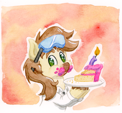 Size: 1057x978 | Tagged: safe, artist:lost marbles, oc, oc only, oc:caspasin42, earth pony, pony, birthday, cake, calpain, candle, clothes, food, goggles, goggles on head, lab coat, passepartout, plate, traditional art, unshorn fetlocks, watercolor painting