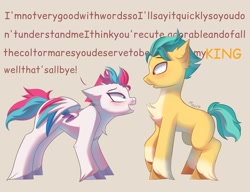 Size: 1943x1489 | Tagged: safe, artist:maxi_ponie, hitch trailblazer, zipp storm, earth pony, pegasus, pony, g5, beige background, blushing, chest fluff, concave belly, dialogue, duo, duo male and female, english, female, male, mare, nervous sweat, partially open wings, ship:stormblazer, shipping, side view, simple background, stallion, straight, talking, wings