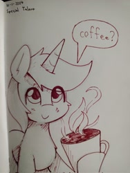 Size: 1538x2048 | Tagged: safe, artist:taurson, oc, oc only, oc:coffee, pony, unicorn, cheek fluff, coffee mug, hoof hold, horn, looking at you, male, monochrome, mug, oc-tober, pen drawing, smiling, smiling at you, solo, stallion, talking to viewer, traditional art