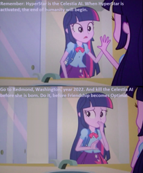 Size: 1002x1208 | Tagged: safe, edit, edited screencap, screencap, sci-twi, twilight sparkle, human, fanfic:friendship is optimal, equestria girls, g4, my little pony equestria girls, bathroom, crossover, mirror, terminator, terminator genisys