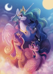 Size: 1311x1819 | Tagged: safe, artist:owlclare, princess cadance, princess celestia, princess luna, twilight sparkle, alicorn, pony, g4, alicorn tetrarchy, female, group, jewelry, mare, moon, night, night sky, outdoors, partially open wings, quartet, sky, slender, sternocleidomastoid, sun, thin, twilight sparkle (alicorn), wings