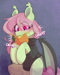 Size: 2000x2500 | Tagged: safe, artist:lionbun, fluttershy, oc, oc:june breeze, bat pony, undead, vampire, g4, biting, clothes, eye clipping through hair, eyebrows, eyebrows visible through hair, food, fruit, obtrusive watermark, orange, redesign, solo, sweater, watermark