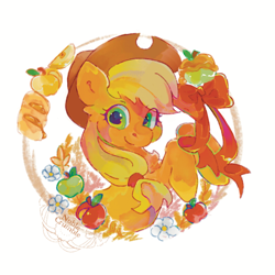 Size: 600x600 | Tagged: safe, artist:noblecrumble, applejack, earth pony, pony, g4, apple, bread, bust, dessert, female, flower, food, fritter, looking at you, mare, portrait, simple background, smiling, smiling at you, solo, white background