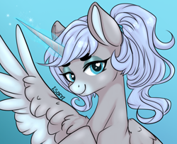 Size: 1910x1548 | Tagged: safe, artist:soff, oc, oc only, oc:seraphina spellweaver, alicorn, pony, bangs, blue background, blue eyes, ears up, eyebrows, eyeshadow, female, glowing, glowing horn, gradient background, gray coat, horn, looking at you, magic, makeup, mare, ponytail, signature, smiling, solo, spread wings, wavy mane, wings