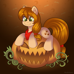 Size: 2700x2700 | Tagged: safe, artist:madelinne, oc, oc only, oc:sweet bear, earth pony, pony, bandana, cute, female, gradient background, halloween, holiday, jack-o-lantern, mare, pumpkin, smiling, solo