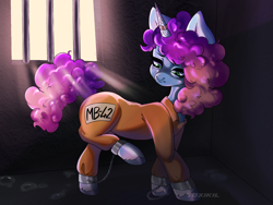 Size: 4000x3000 | Tagged: safe, artist:toxikil, misty brightdawn, pony, unicorn, g5, chains, clothes, commission, commissioner:rainbowdash69, cuffs, female, horn, horn ring, indoors, jumpsuit, mare, never doubt rainbowdash69's involvement, prison outfit, prisoner, prisoner misty, raised leg, rebirth misty, ring, sad, solo