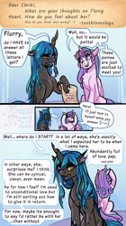 Size: 2166x3860 | Tagged: safe, artist:overlordneon, princess flurry heart, oc, oc:chriki, alicorn, changeling, pony, g4, ask, changeling oc, chest fluff, comic, covering ears, dialogue, duo, duo female, female, high res, hoof hold, mare, offspring, older, older flurry heart, paper, parent:queen chrysalis, speech bubble, talking to viewer, tumblr