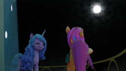 Size: 3840x2160 | Tagged: safe, artist:raindashesp, izzy moonbow, sunny starscout, pony, g5, back of head, duo, duo female, female, implied lesbian, implied moonscout, implied shipping, looking at someone, looking at something, mane stripe sunny, moon, stargazing, strategically covered, sunny's bag, tail, tail censor, unitober 2024