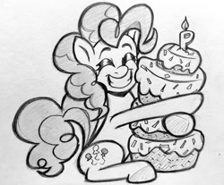 Size: 1024x849 | Tagged: safe, artist:pablosjuarez, pinkie pie, earth pony, pony, g4, cake, eyes closed, female, food, grayscale, grin, hug, mare, monochrome, pencil drawing, sitting, smiling, solo, traditional art