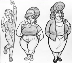 Size: 1024x897 | Tagged: safe, artist:pablosjuarez, cookie crumbles, posey shy, windy whistles, human, g4, arms in the air, belly, belly button, big breasts, breasts, busty cookie crumbles, busty posey shy, crocs, fat, female, fist, grayscale, hand on hip, huge breasts, humanized, lidded eyes, monochrome, one eye closed, open mouth, open smile, pencil drawing, smiling, standing, standing on one leg, traditional art, trio, trio female