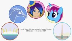 Size: 11200x6400 | Tagged: safe, artist:parclytaxel, oc, oc:parcly taxel, oc:spindle, alicorn, pony, windigo, ain't never had friends like us, albumin flask, .svg available, absurd resolution, alicorn oc, bust, eye contact, female, flower, flower in hair, france, gray background, horn, league of legends, lillia (league of legends), london, looking at each other, looking at someone, looking at you, luxor obelisk, mare, o2 arena, parcly taxel in europe, parcly's travel covers, paris, portrait, simple background, smiling, smiling at you, united kingdom, vector, windigo oc, wings