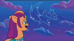 Size: 2470x1397 | Tagged: safe, artist:prixy05, sunny starscout, earth pony, pony, g5, my little pony: tell your tale, constellation, female, happy, mane stripe sunny, mare, open mouth, open smile, outdoors, smiling, solo, stargazing, starry eyes, sunny starscout's cutie mark, sunny's bag, unitober 2024, wingding eyes