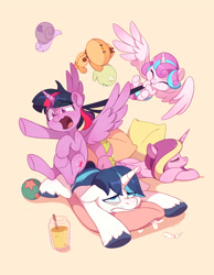 Size: 2800x3615 | Tagged: safe, artist:drtuo4, princess cadance, princess flurry heart, shining armor, spike, twilight sparkle, alicorn, dragon, pony, unicorn, g4, aunt and niece, auntie twilight, baby, baby food, baby pony, babysitting, ball, brother and sister, cute, diaper, eye clipping through hair, eyebrows, eyebrows visible through hair, eyeshadow, family, feather, female, filly, flying, foal, group, hair pulling, horn, husband and wife, makeup, male, mare, open mouth, ouch, pillow, plushie, quintet, siblings, sleeping, stallion, sweet dreams fuel, tired, twilight sparkle (alicorn), uncle and niece, uncle spike, wholesome