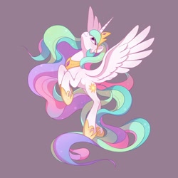 Size: 3000x3000 | Tagged: safe, artist:drtuo4, princess celestia, alicorn, pony, g4, concave belly, crown, female, flying, high res, hoof shoes, jewelry, long legs, looking up, mare, purple background, regalia, simple background, slender, solo, spread wings, tall, thin, wings