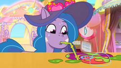 Size: 1920x1080 | Tagged: safe, screencap, izzy moonbow, pony, unicorn, g5, my little pony: tell your tale, the water park, spoiler:g5, spoiler:my little pony: tell your tale, spoiler:tyts02e23, boardtrot, drink, drinking, drinking straw, female, hat, horn, mare, melted, smoothie, sun hat, sweat, sweatdrops