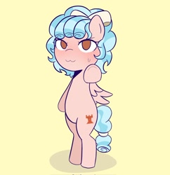 Size: 1982x2048 | Tagged: safe, artist:eltrash_art6, cozy glow, pegasus, pony, g4, :3, bipedal, blushing, bow, female, filly, foal, hair bow, pointing, simple background, solo, yellow background