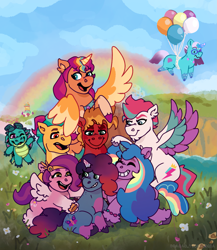 Size: 2247x2586 | Tagged: safe, artist:dragao_tecnologia, comet (g5), hitch trailblazer, izzy moonbow, misty brightdawn, pipp petals, sparky sparkeroni, sprout cloverleaf, sunny starscout, zipp storm, alicorn, auroricorn, dragon, earth pony, pegasus, pony, unicorn, g5, artificial horn, artificial wings, augmented, baby, baby dragon, balloon, bracelet, fanart, female, friendship bracelet, happy, horn, izzy rainbow, jewelry, male, mane eight, mane five, mane seven (g5), mane six (g5), mare, open mouth, open smile, outdoors, race swap, rainbow, rebirth misty, smiling, spread wings, sprout joins the mane five, stallion, sunnycorn, unitober 2024, wings