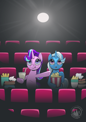 Size: 2171x3070 | Tagged: safe, artist:mysticalpha, starlight glimmer, trixie, pony, unicorn, g4, belly, cel shading, cinema, concave belly, duo, female, food, hoof hold, horn, implied lesbian, implied shipping, implied startrix, mare, popcorn, ribcage, shading, signature, snacks