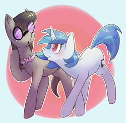 Size: 3420x3336 | Tagged: safe, artist:lepimpkinkingz, dj pon-3, octavia melody, vinyl scratch, earth pony, pony, unicorn, g4, :o, accessory swap, duo, female, horn, mare, neck bow, open mouth, raised leg, smiling, wrong eye color