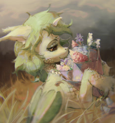 Size: 1852x1989 | Tagged: safe, artist:rvsd, oc, oc only, dracony, dragon, hybrid, pony, bouquet, female, flower, horns, mare, solo, unshorn fetlocks