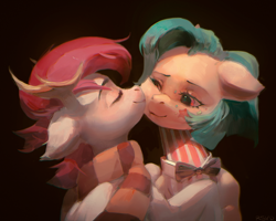 Size: 2144x1719 | Tagged: safe, artist:rvsd, oc, oc only, pony, antlers, bowtie, cheek kiss, clothes, commission, duo, female, kissing, male, mare, oc x oc, one eye closed, scarf, shipping