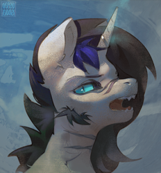 Size: 1837x1976 | Tagged: safe, artist:rvsd, oc, oc only, oc:anthonystone, pony, unicorn, bust, commission, fangs, horn, male, scar, slit pupils, solo, stallion