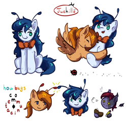 Size: 1629x1617 | Tagged: safe, artist:ju4111a, oc, oc:svatya, oc:syrok, oc:vet, bat pony, earth pony, insect, ladybug, pegasus, pony, antennae, bat pony oc, bat wings, bowtie, collage, duo, earth pony oc, floating wings, friends, friendship, looking at each other, looking at someone, looking at you, notebook, pegasus oc, pencil, simple background, sitting, smiling, smiling at each other, smiling at you, sparkles, spread wings, strabismus, white background, wings