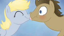 Size: 720x404 | Tagged: safe, artist:kunomasu, derpy hooves, doctor whooves, time turner, pegasus, pony, g4, female, licking, male, mare, ship:doctorderpy, shipping, straight, tongue out