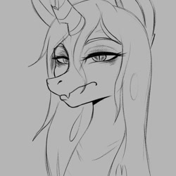 Size: 1080x1080 | Tagged: safe, artist:dominismortis, queen chrysalis, changeling, changeling queen, g4, female, grayscale, lidded eyes, looking at you, monochrome, sketch, slit pupils, solo