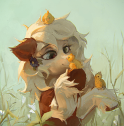 Size: 1871x1902 | Tagged: safe, artist:rvsd, oc, oc only, bird, chicken, earth pony, pony, chick, commission, ear fluff, female, flower, flower in hair, mare, solo, unshorn fetlocks