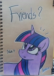 Size: 2945x4160 | Tagged: safe, artist:mashee, twilight sparkle, unicorn, g4, colored, confused, crayon drawing, cute, horn, huh, lineart, looking up, open mouth, pencil drawing, photo, shocked, solo, traditional art, unicorn twilight