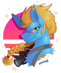 Size: 4415x5288 | Tagged: safe, artist:adilord, oc, oc only, oc:shutter speed, earth pony, pony, braid, bust, camcorder, chest fluff, commission, facial hair, glasses, high res, looking at you, male, neon, portrait, simple background, smug, solo, stallion, synthwave, torn ear, transparent background