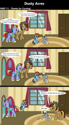 Size: 1920x3516 | Tagged: safe, artist:platinumdrop, bow hothoof, derpy hooves, rainbow dash, oc, oc:dusty hooves, earth pony, pegasus, pony, comic:dusty acres, series:technoverse, g4, comic, commission, dialogue, female, filly, flying, foal, happy, hoof hold, indoors, male, playing, sitting, smiling, speech bubble, stallion, standing, talking, toy, walking, younger