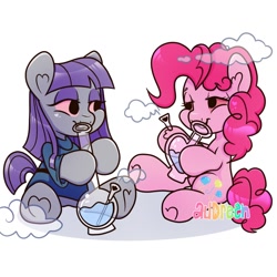 Size: 1050x1050 | Tagged: safe, artist:audreen, maud pie, pinkie pie, earth pony, pony, g4, bloodshot eyes, bong, drug use, drugs, duo, duo female, female, mare, pinkie high, siblings, simple background, sisters, white background