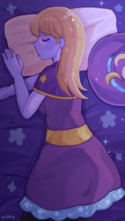 Size: 1861x3284 | Tagged: safe, artist:kekibon, lavender lace, equestria girls, g4, bed, blanket, clothes, cute, dress, ear piercing, earring, eyes closed, female, hat, jewelry, lipstick, makeup, nail polish, piercing, pillow, sleeping, solo, wizard hat